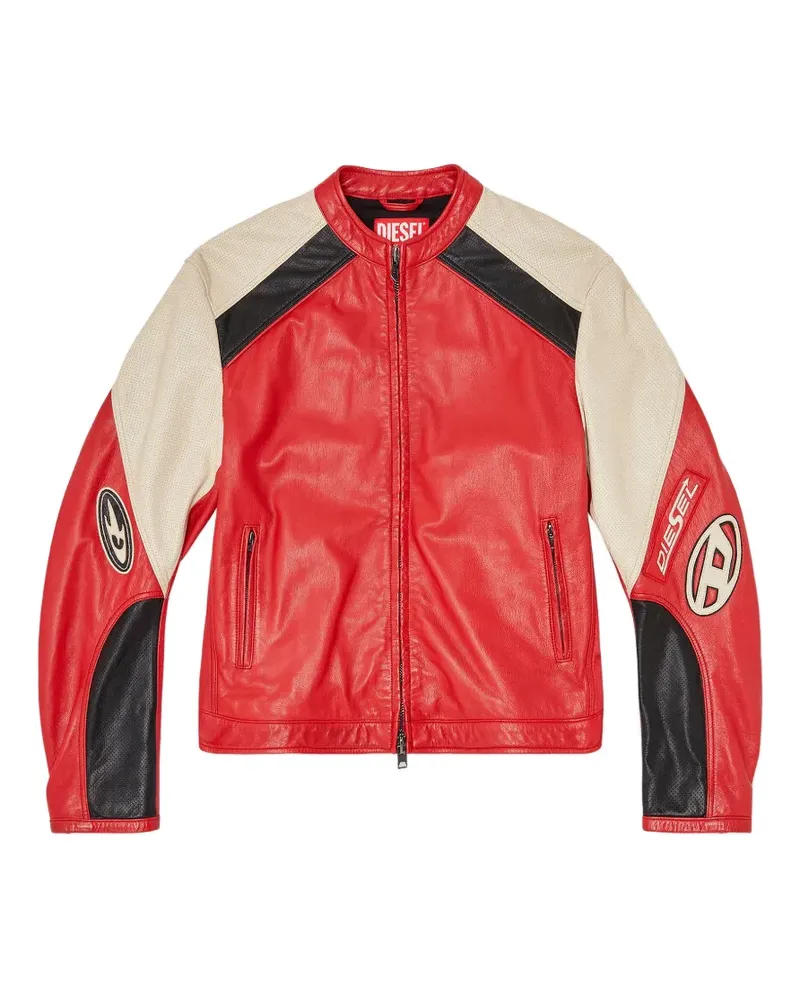 Diesel Bikerjacke aus perforiertem Leder in Colour-Block-Optik - Rot Rot