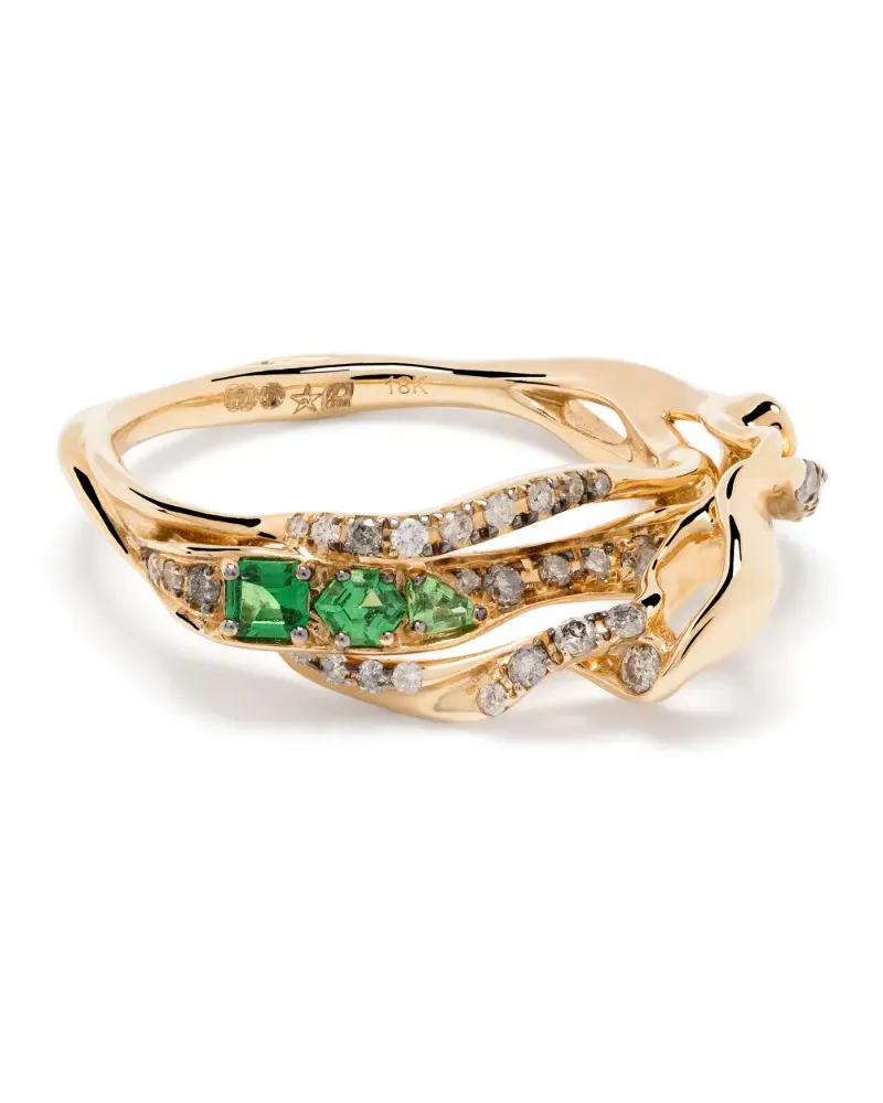 Bibi van der Velden 18kt Exhale Gelbgold-Stapelring mit Diamant und Tsavorit Gold