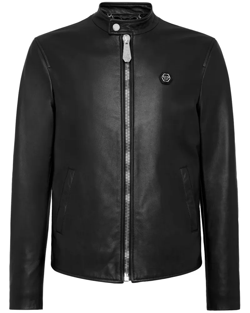 Philipp Plein Lederjacke mit Logo-Patch - Schwarz Schwarz