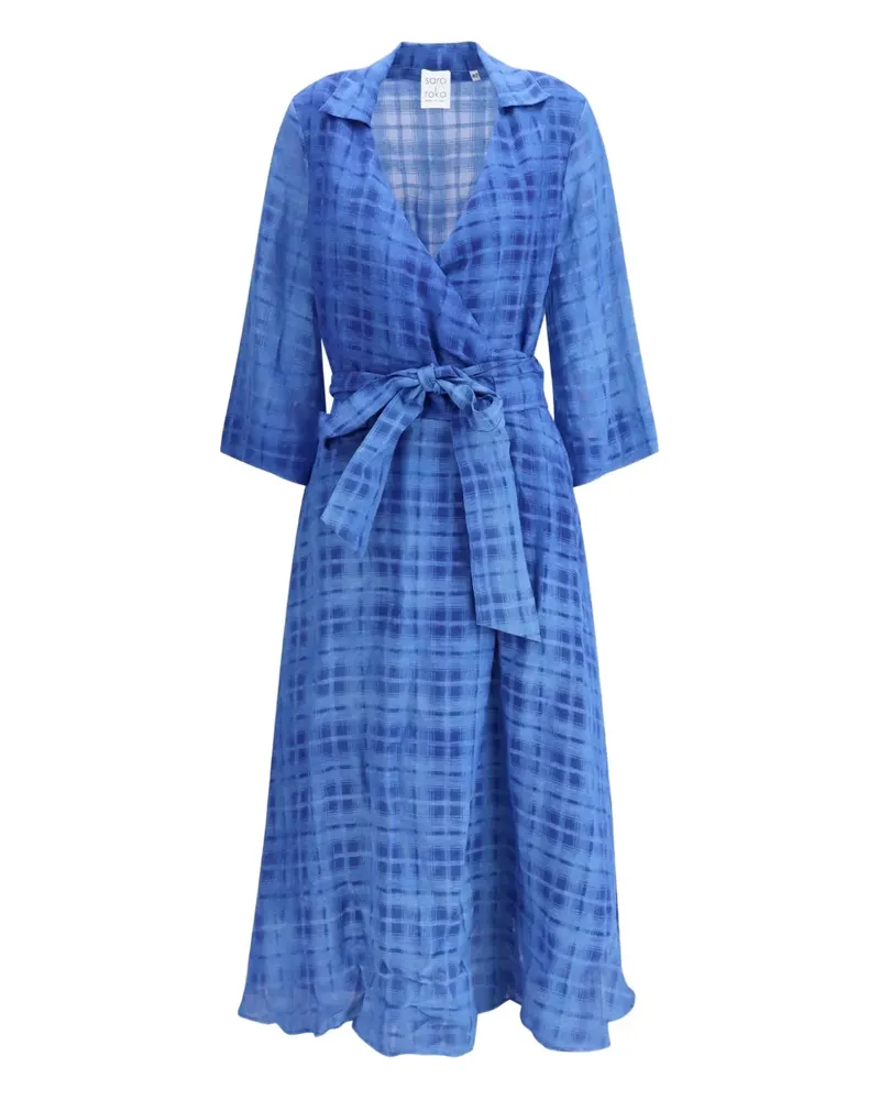 Sara Roka Kariertes Midikleid im Wickelstil - Blau Blau