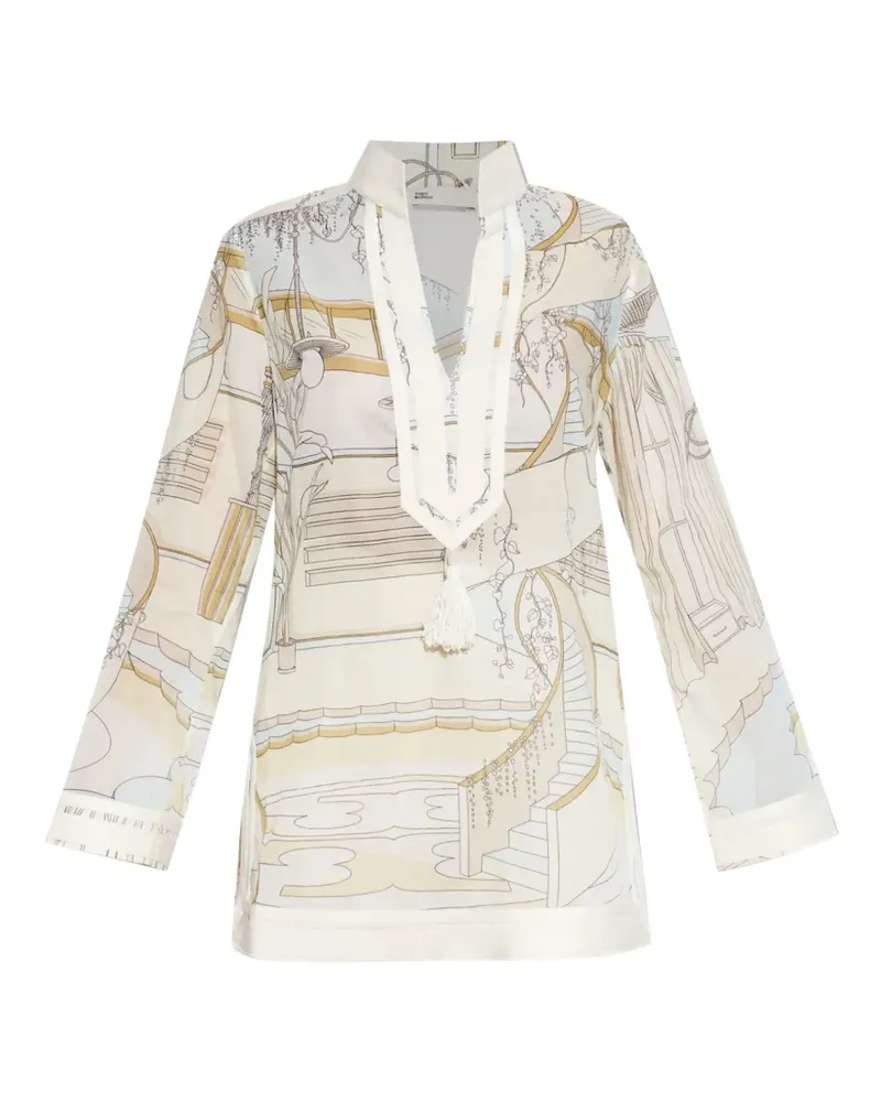Tory Burch tassel-detail graphic-print tunic - Nude Nude