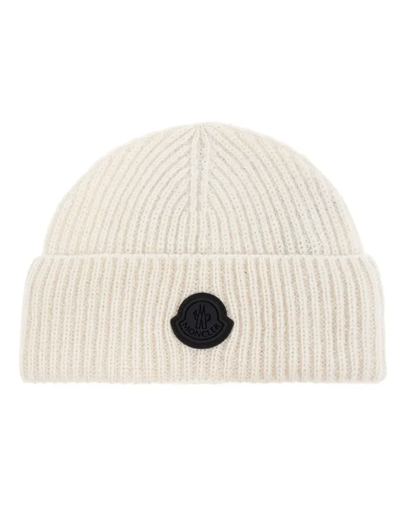 Moncler Gerippte Beanie mit Logo-Patch - Weiß Weiß
