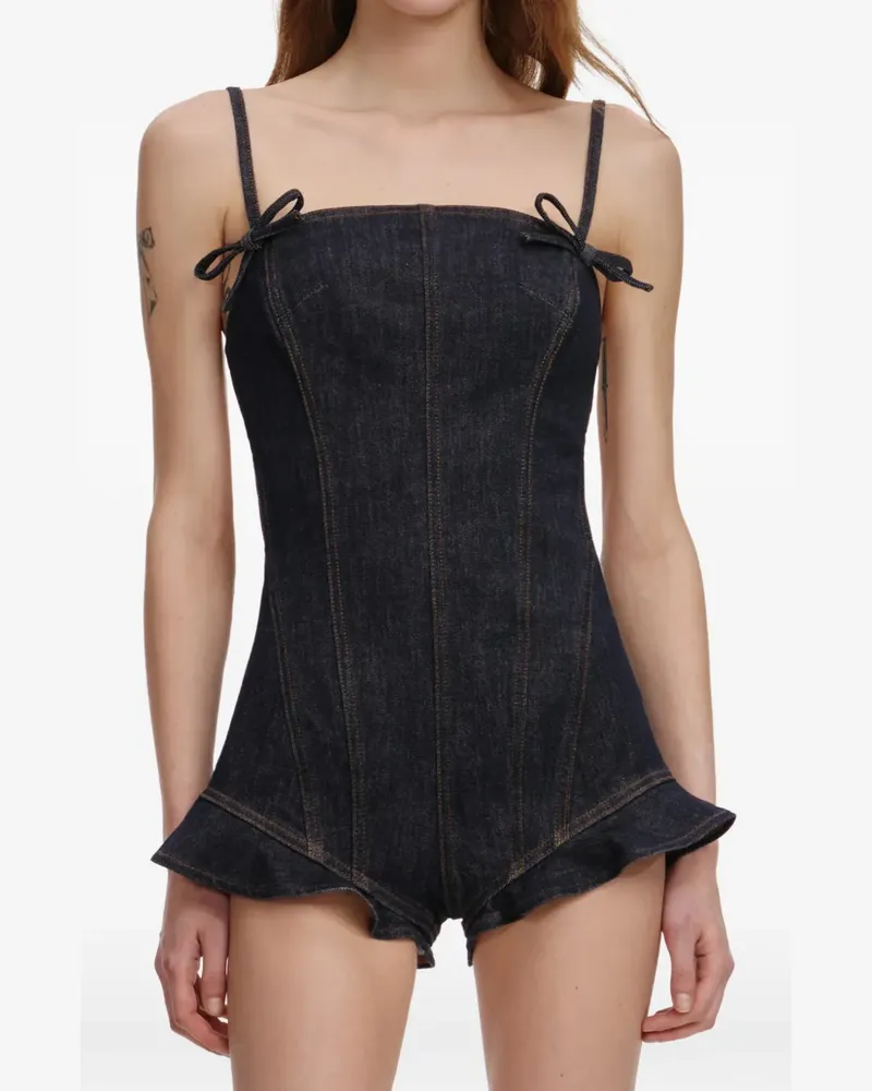 Self-Portrait tie-strap ruffled playsuit - Blau Blau