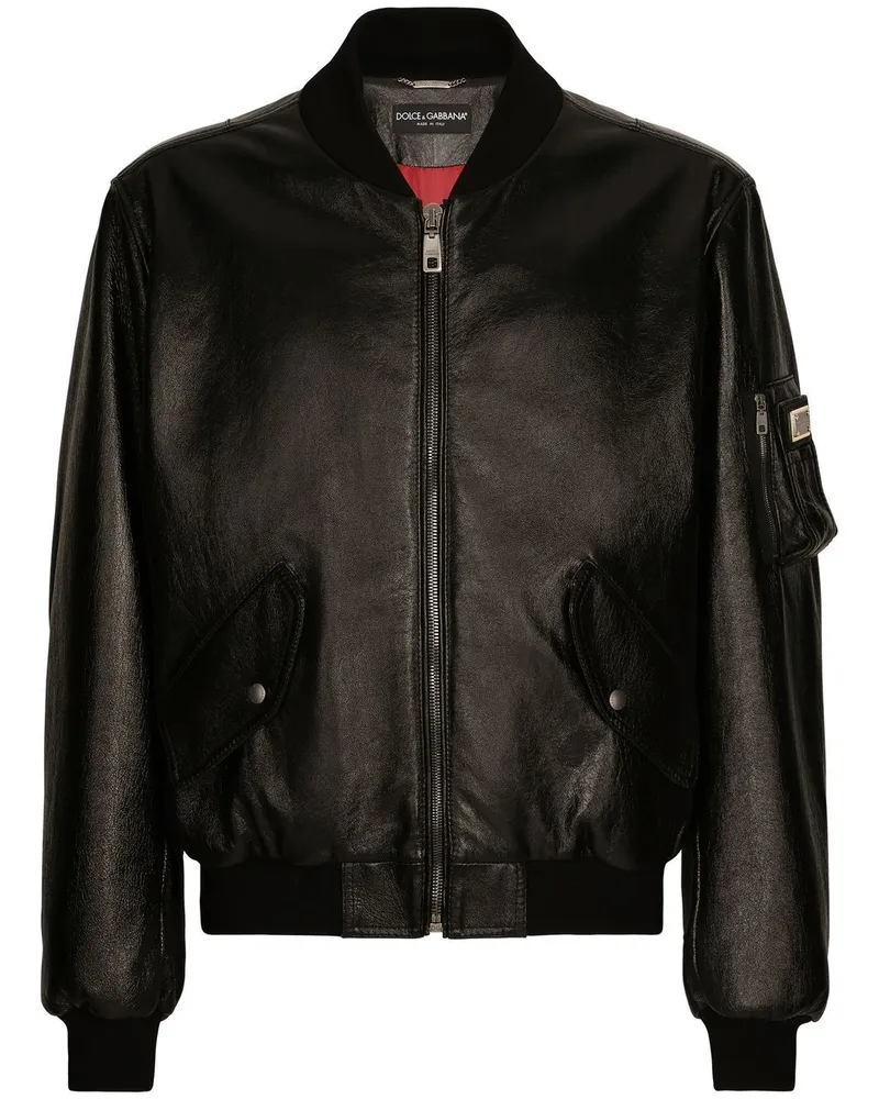 Dolce & Gabbana Lederjacke mit Logo-Schild - Schwarz Schwarz