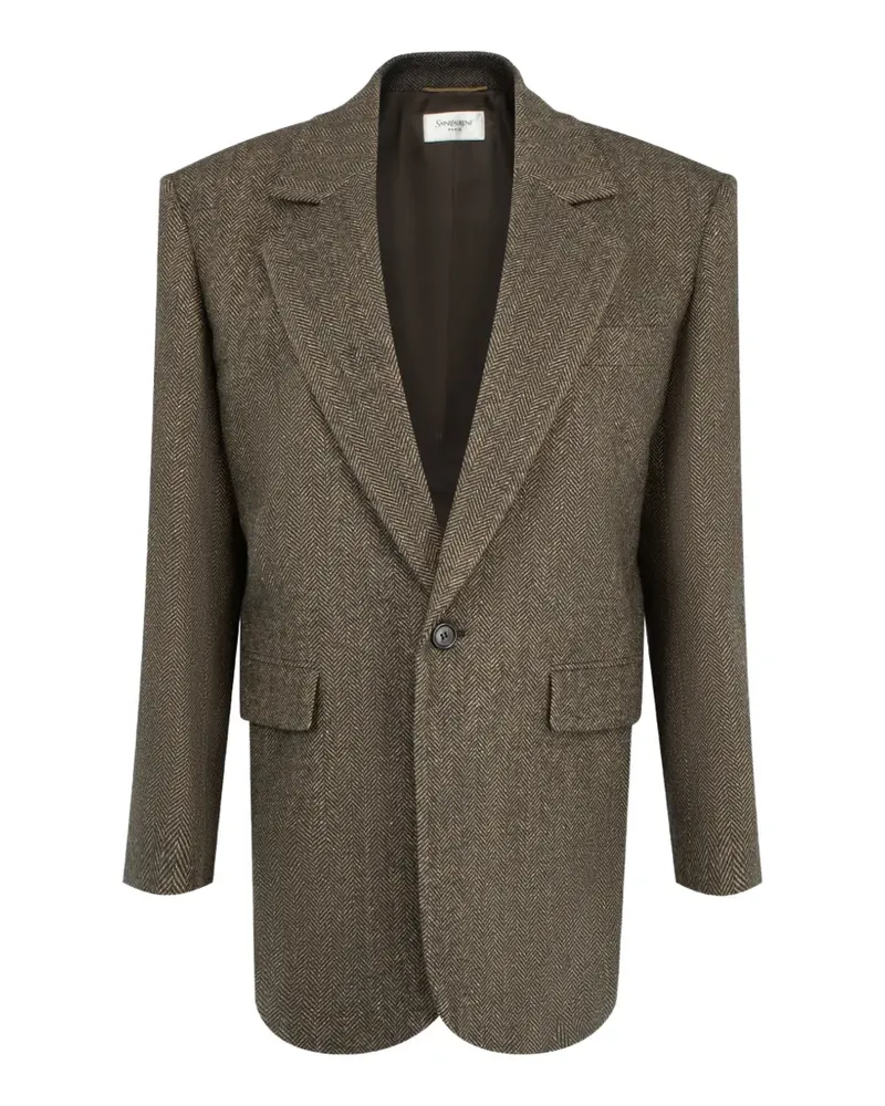 Saint Laurent Einreihige Jacke aus Wolle mit Fischgrätenmuster - Braun Braun