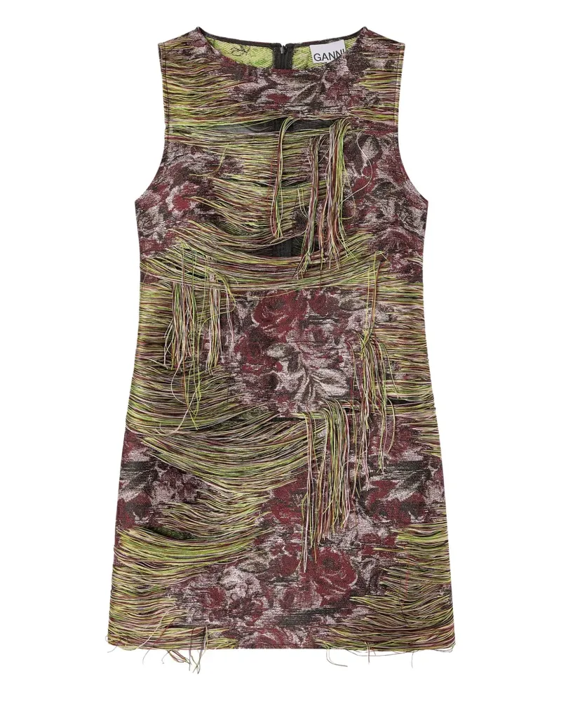 Ganni Tapestry Minikleid mit Fransen - Grün Grün