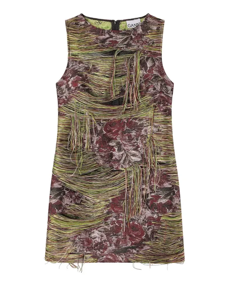 Ganni Tapestry Minikleid mit Fransen - Grün Grün