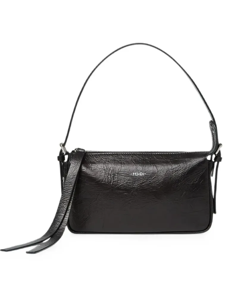 Fendi Kleine Zip Top Schultertasche mit Knitteroptik - Schwarz Schwarz