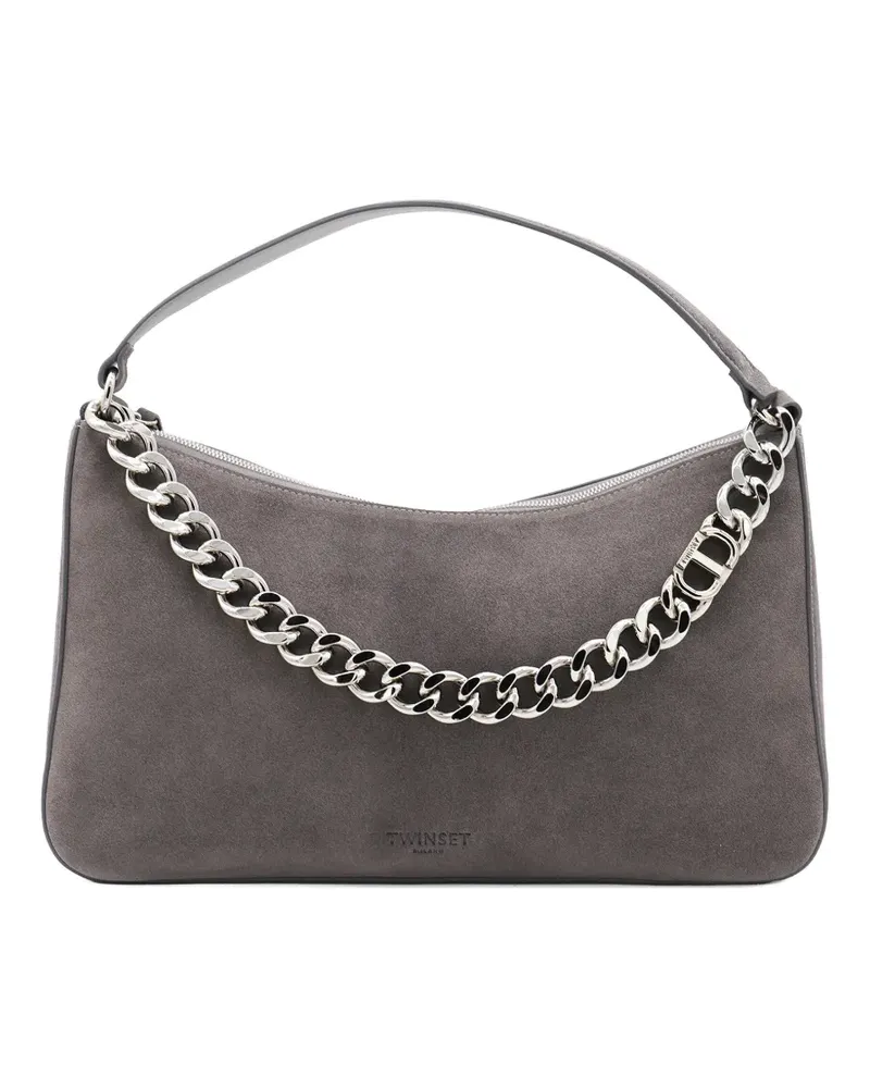 Twin-Set Liliane Schultertasche aus Wildleder mit Kettenverzierung - Grau Grau