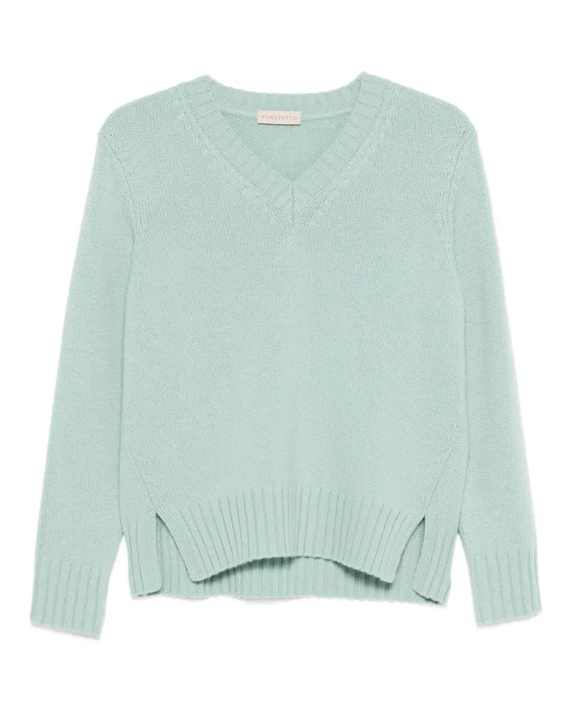 Purotatto V-Ausschnitt-Pullover mit Schlitz - Grün Grün