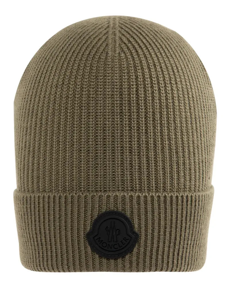 Moncler Gerippte Beanie mit Logo-Patch - Grün Grün