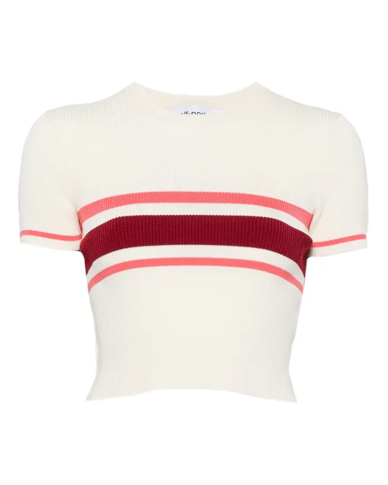 Self-Portrait striped ribbed-knit T-shirt - Nude Nude