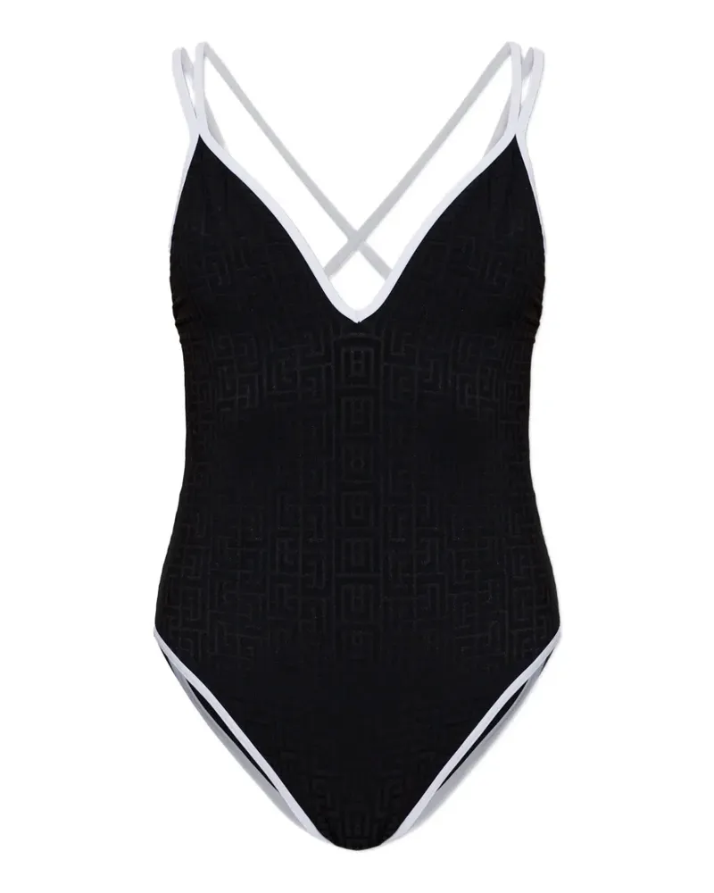 Balmain Badeanzug mit überkreuzten Trägern und Monogrammmuster - Schwarz Schwarz