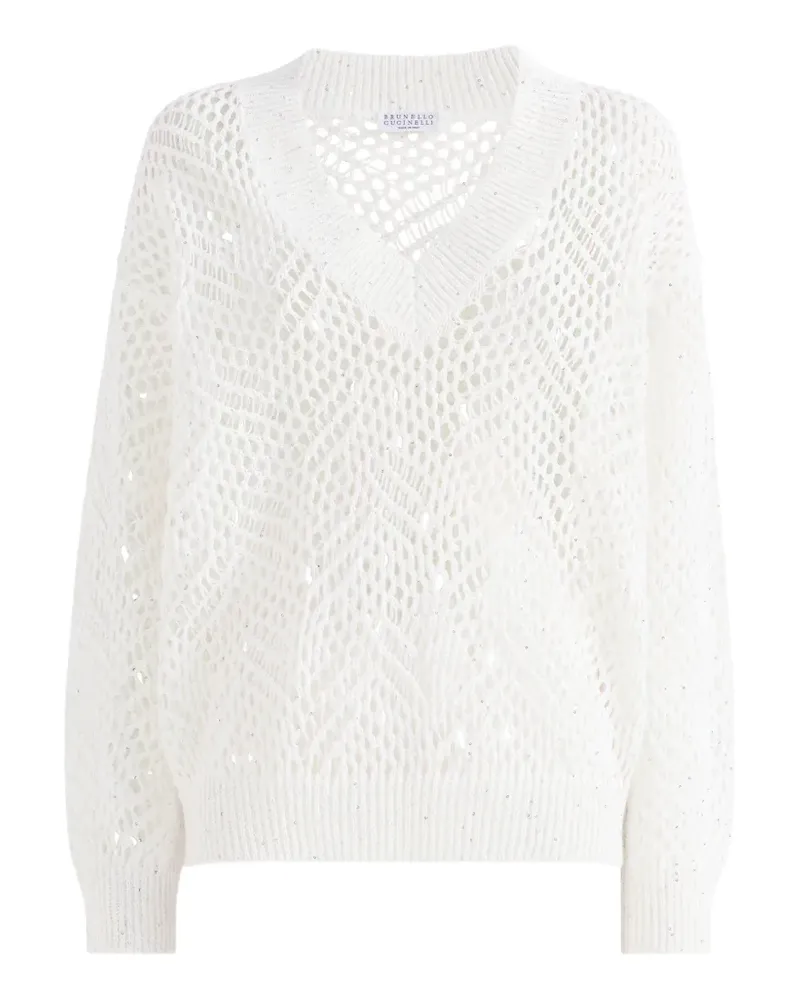 Brunello Cucinelli Dazzling Pullover aus Leinen mit abstraktem Blatt - Weiß Weiß