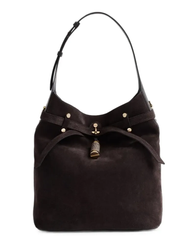 Borbonese Mittelgroßer Premiere Bucket Tote Bag aus Wildleder mit Knebelverschluss - Braun Braun