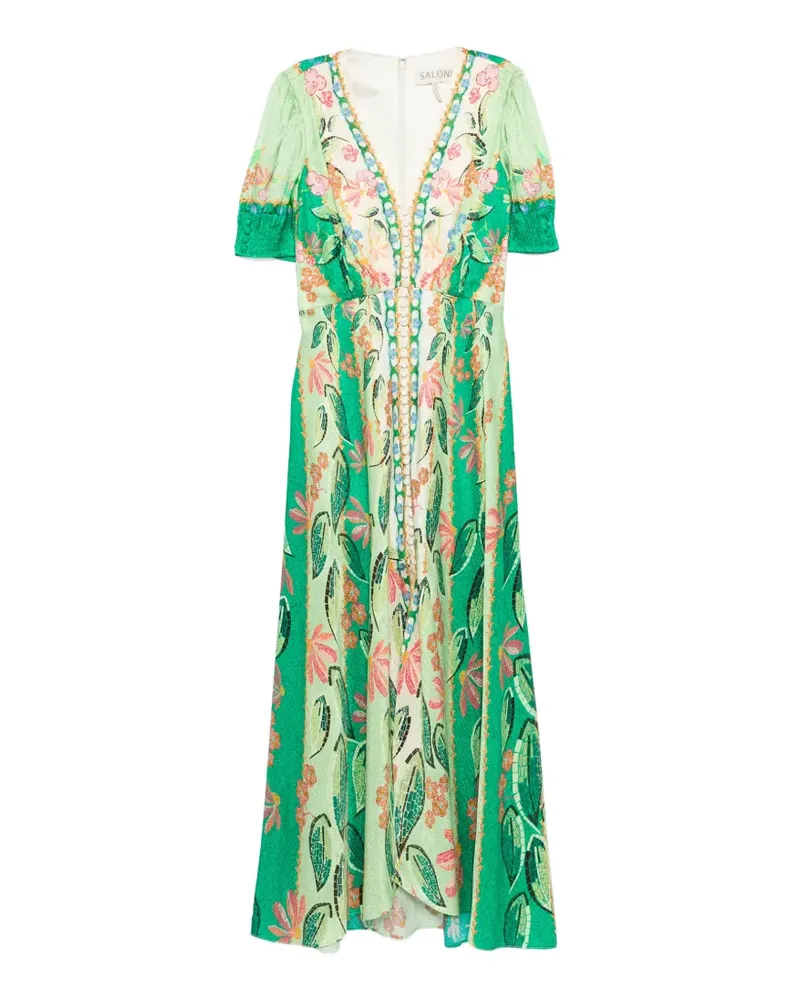 Saloni Lea Midikleid mit Blumen-Print - Grün Grün