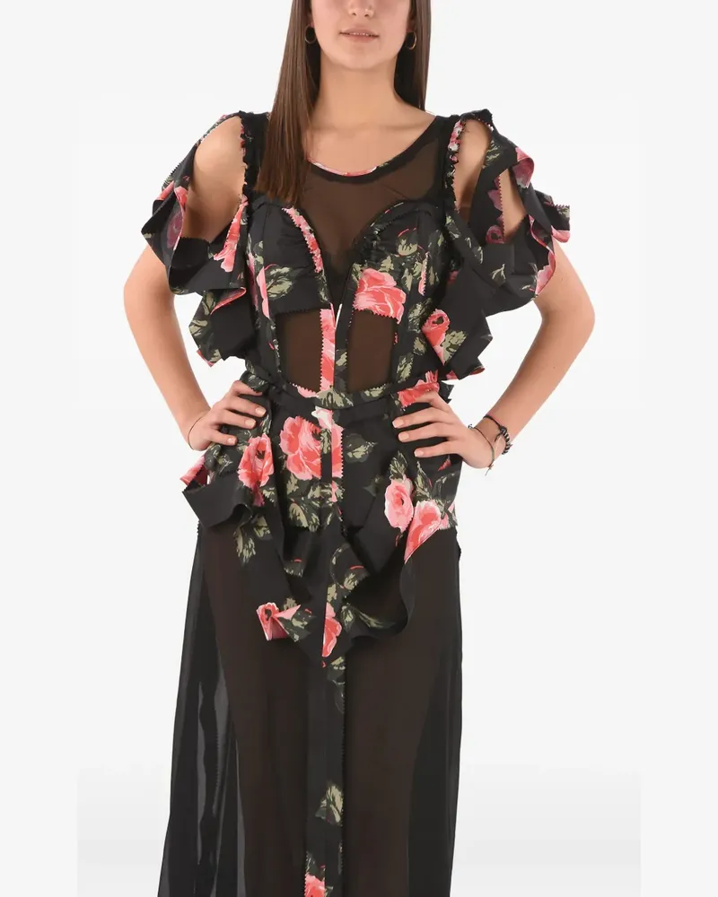 Maison Margiela Gerüschtes Kleid mit Blumen-Print - Schwarz Schwarz