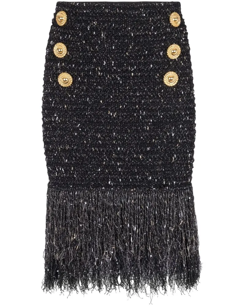 Balmain 6-Button Tweed-Rock mit Fransen - Schwarz Schwarz