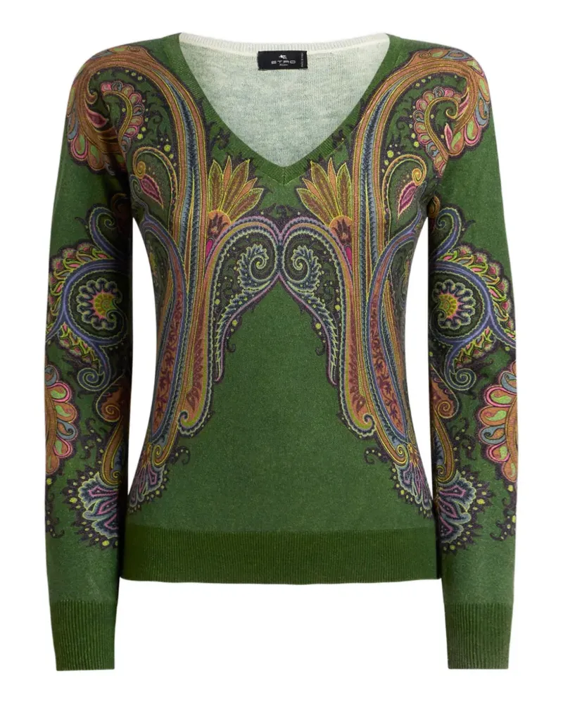 Etro silk and cashmere sweater with V-neck and placed Paisley-print - Grün Grün