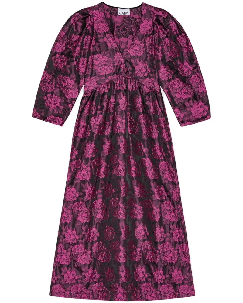 Ganni Jacquard-Midikleid mit Puffärmeln - Rosa Rosa
