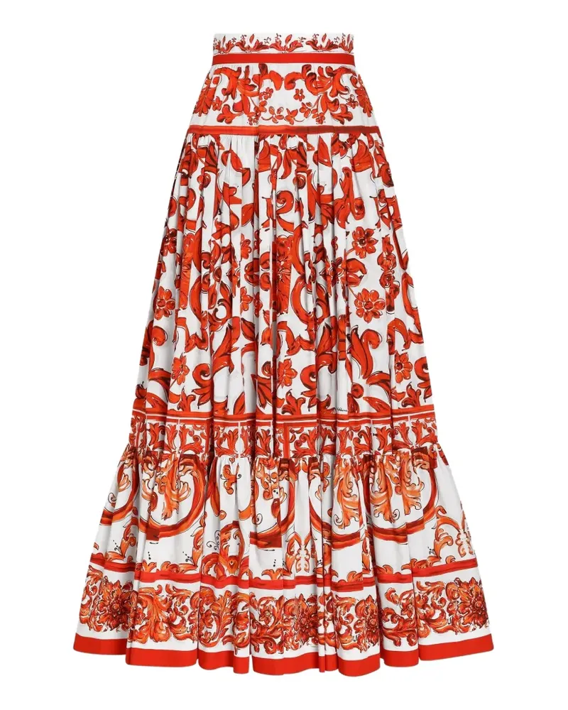 Dolce & Gabbana Langer Rock aus Popeline mit Majolica-Print - Weiß Weiß