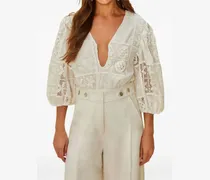 Puffärmel-Body mit Ösendetail - Weiß