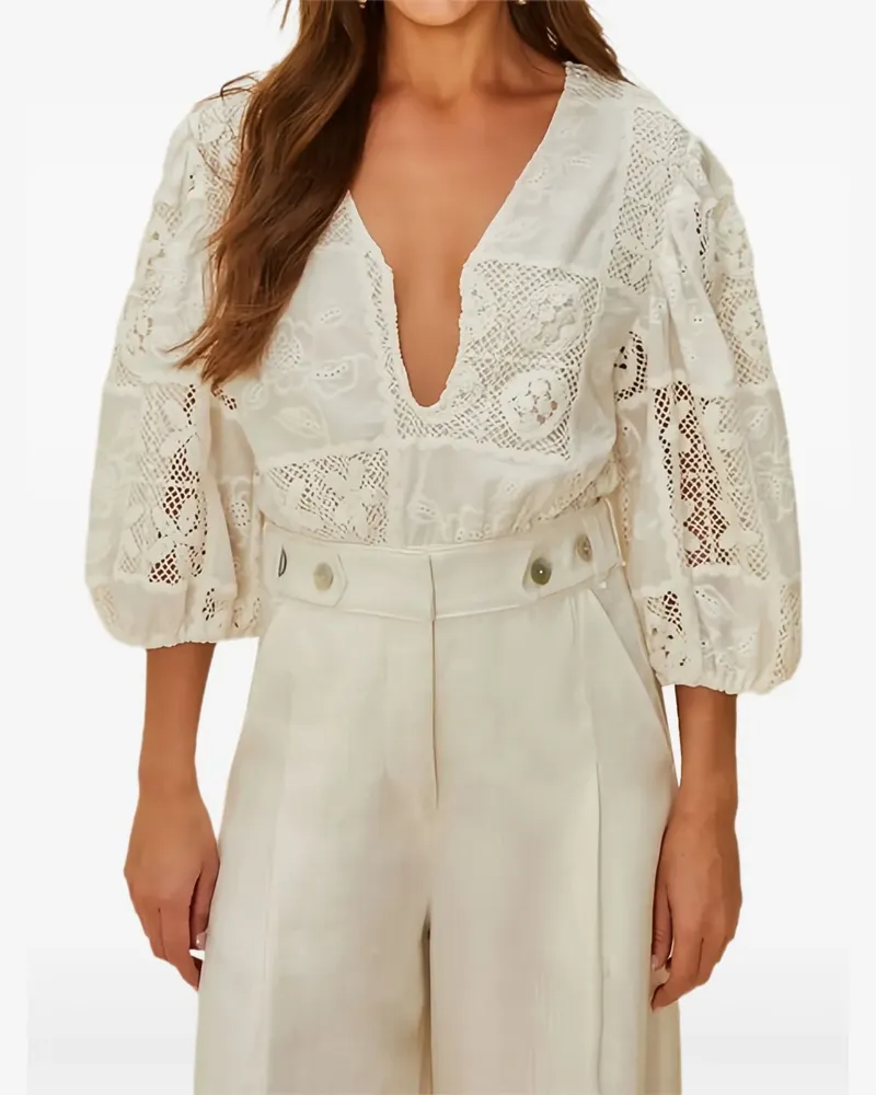 FARM Rio eyelet-details puff-sleeve bodysuit - Weiß Weiß