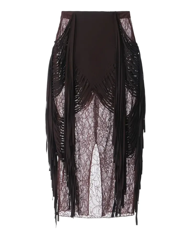 Elisabetta Franchi floral-lace fringed midi skirt - Braun Braun