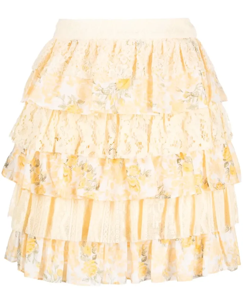 LoveShackFancy Gerüschter Minirock mit Blumen-Print - Gelb Gelb