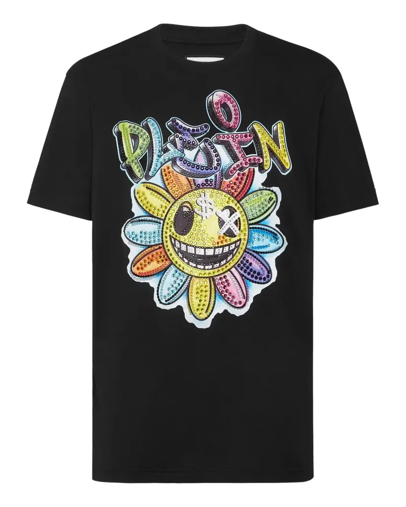 Philipp Plein Stones Smile T-Shirt mit Blume - Schwarz Schwarz