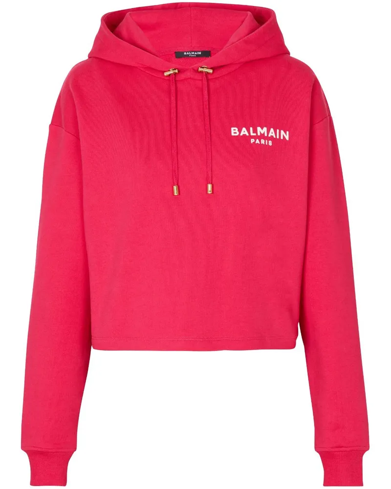 Balmain Cropped-Hoodie mit beflocktem Logo - Rosa Rosa