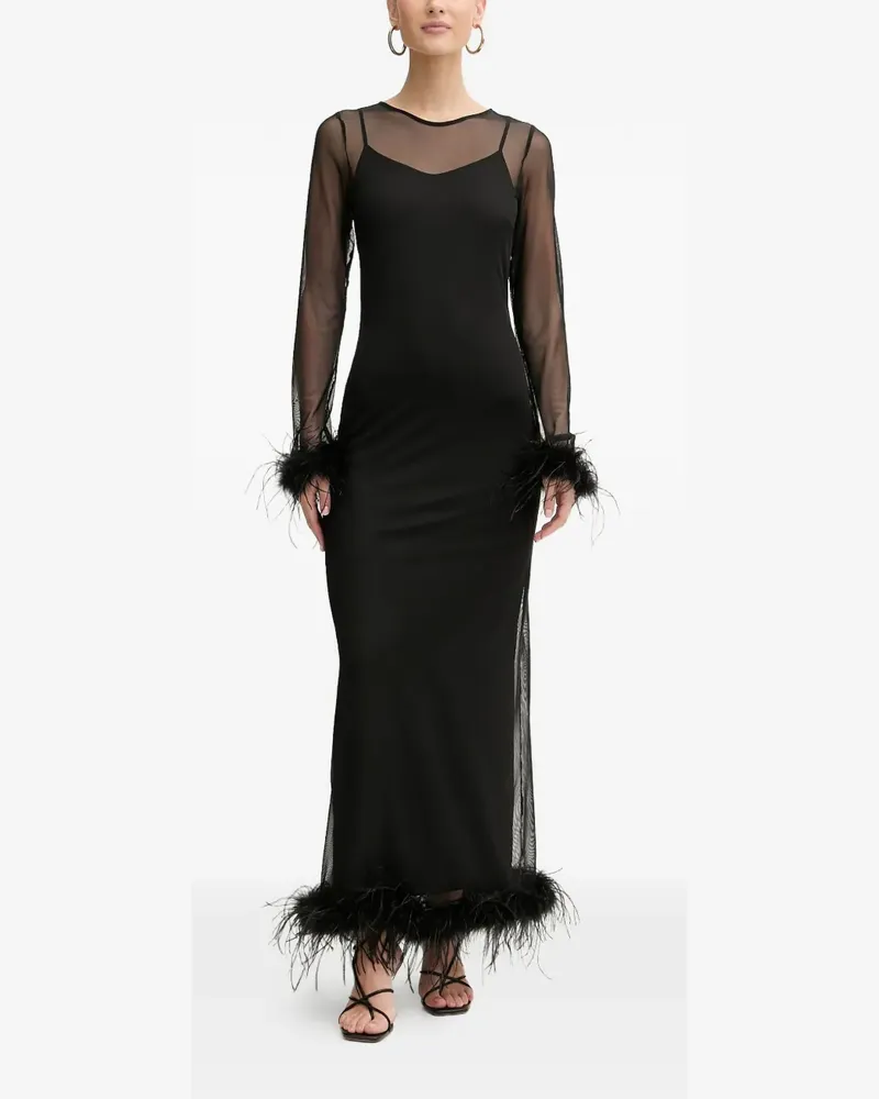 Never Fully Dressed feather-trim long-sleeve maxi dress - Schwarz Schwarz