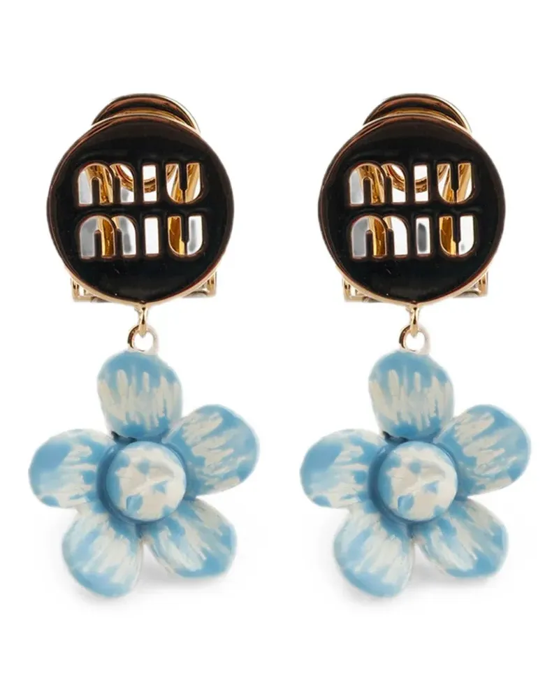 Miu Miu flower-pendant logo-plaque earrings - Gold Gold