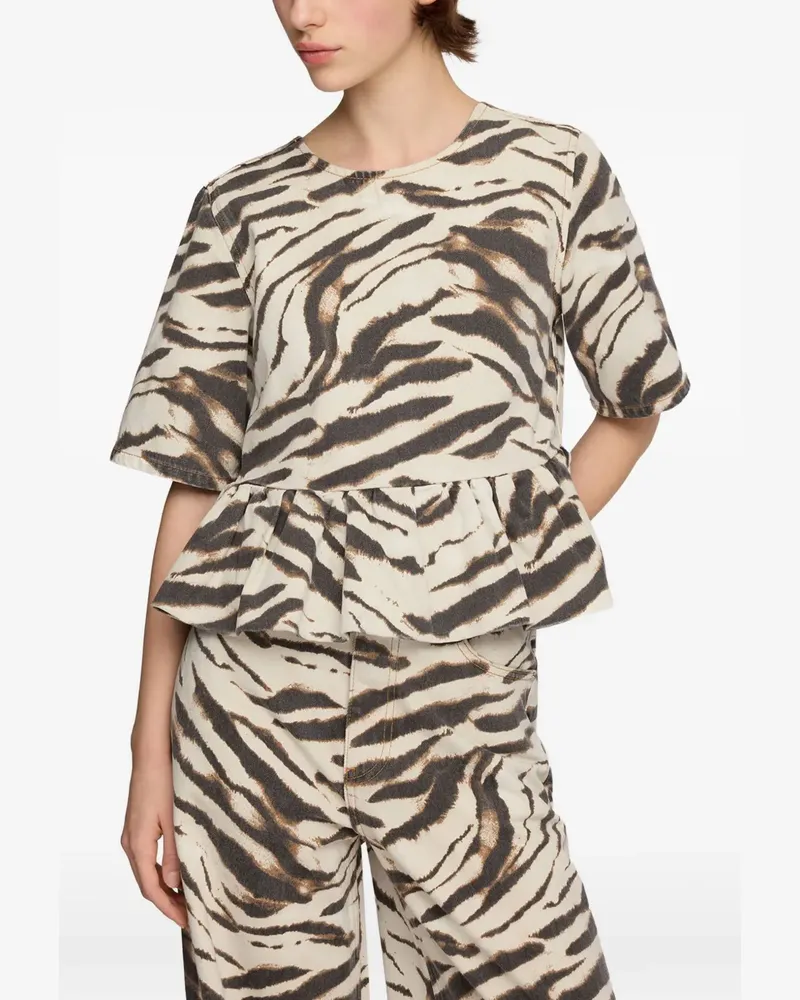 Ganni zebra-print peplum-hem blouse - Nude Nude