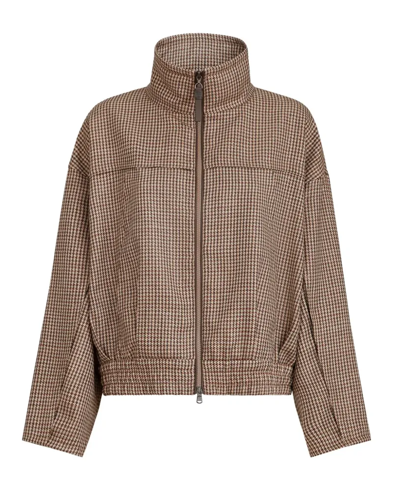 Brunello Cucinelli sparkling virgin-wool houndstooth outerwear jacket with leather piping and shiny zipper pull - Braun Braun