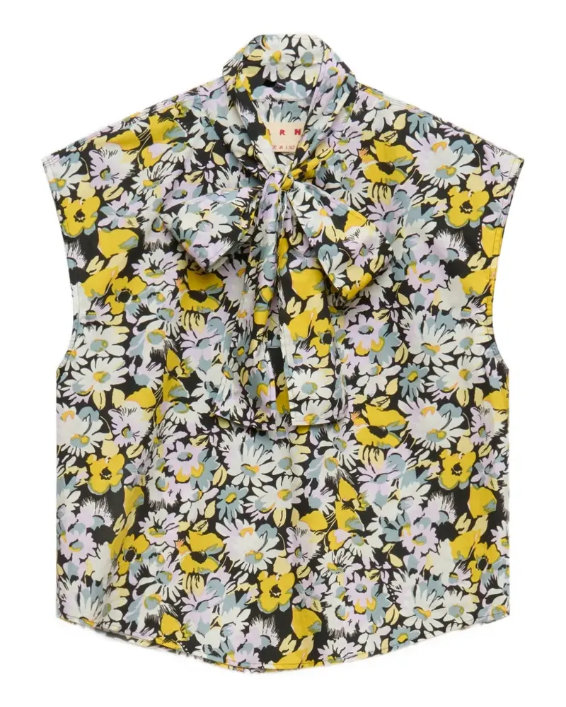 Marni black poplin sleeveless blouse with pop flowers print - Schwarz Schwarz