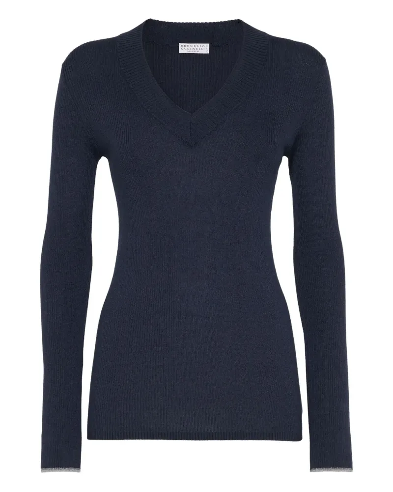 Brunello Cucinelli Geripptes Sweatshirt mit V-Ausschnitt - Blau Blau