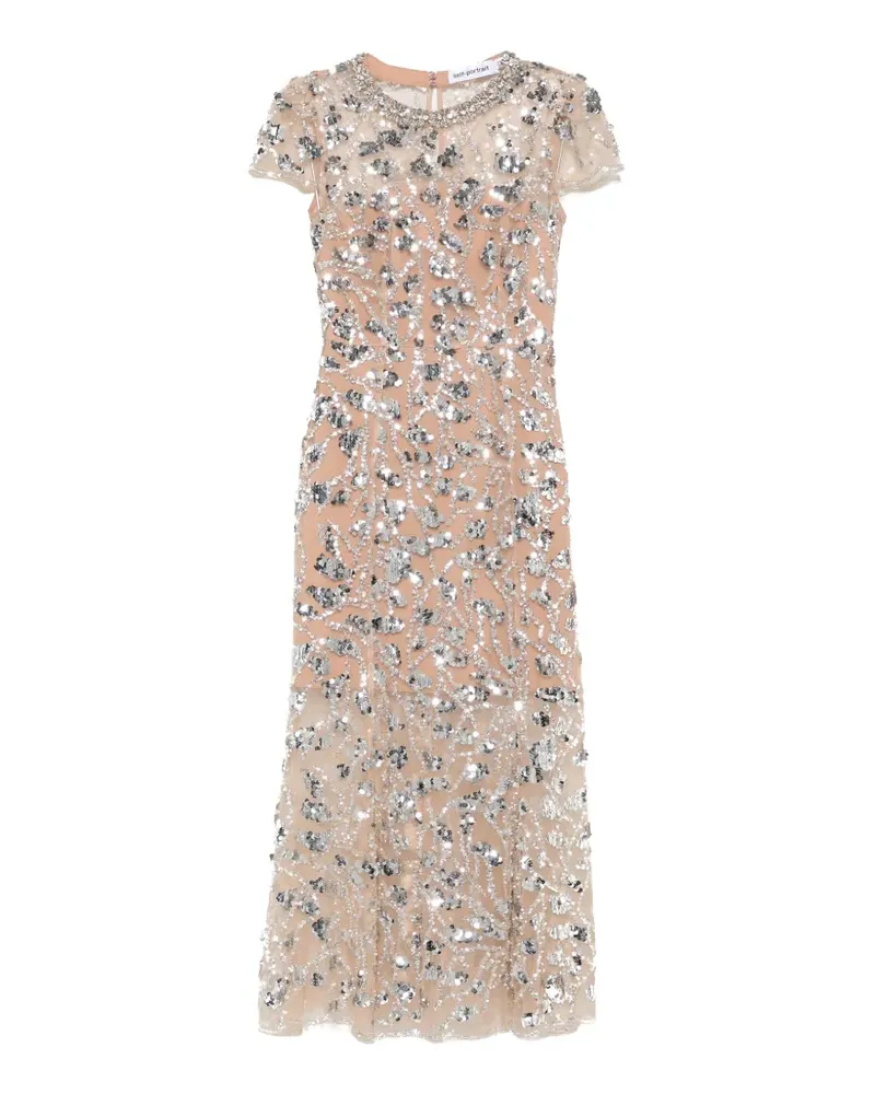 Self-Portrait sequin-embellished crystal-neckline midi dress - Nude Nude