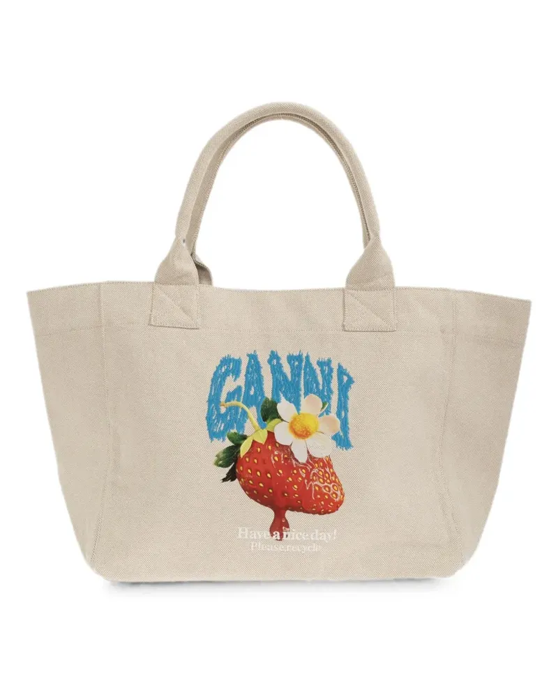Ganni Bestickte Tote Bag mit Erdbeer-Print - Nude Nude