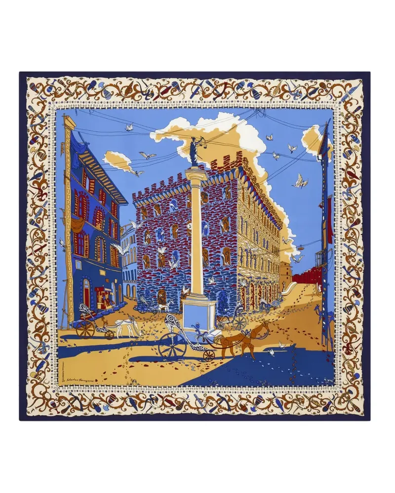 Ferragamo Seidenschal mit Palazzo Spini Feroni-Print - Blau Blau