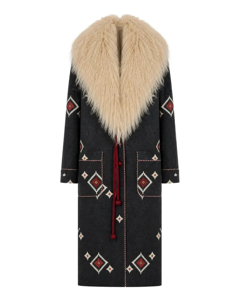 Fortela Mantel mit Shearling-Kragen und geometrischem Print - Grau Grau