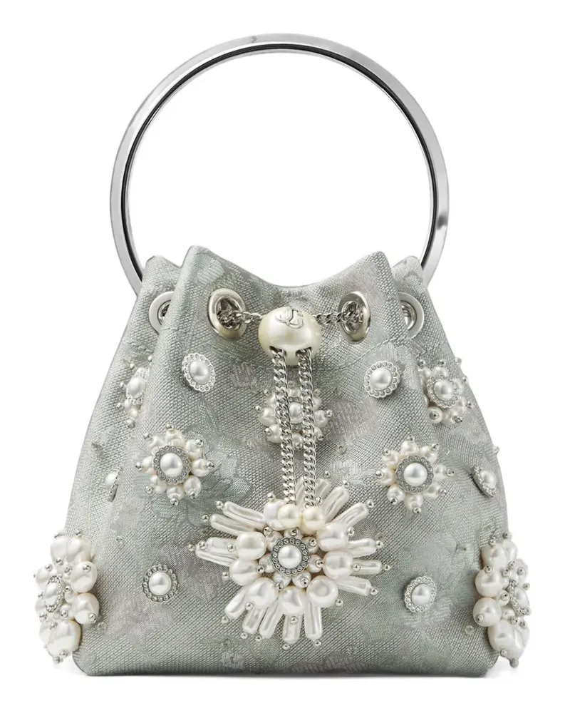 Jimmy Choo Bon Bon olive brocade bucket bag with floral pearl embroidery - Grün Grün