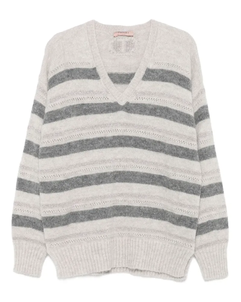 Twin-Set Gestreifter Pullover mit V-Ausschnitt - Grau Grau