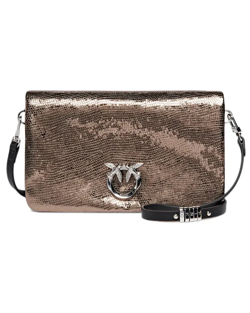 Pinko Love Bag Click Soft Horizontal small crossbody clutch in laminated snake-print leather - Braun Braun