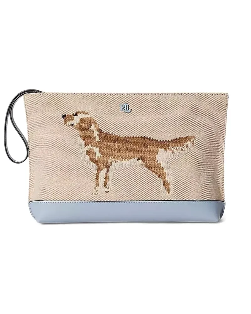Ralph Lauren large dog-embroidery make up bag - Nude Nude