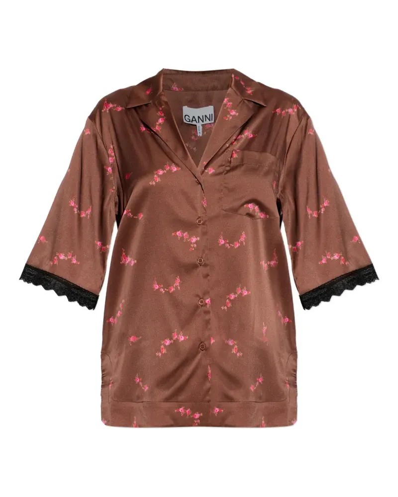Ganni floral-print lace-trim shirt - Braun Braun