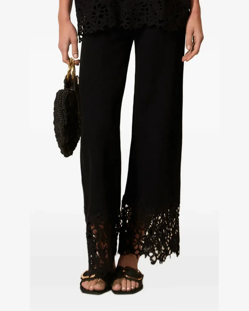 Twin-Set lace-hem straight trousers - Schwarz Schwarz