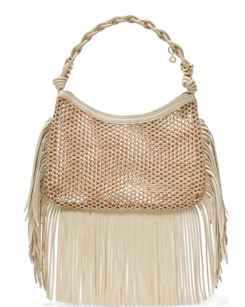 Maje fringed open-knit shoulder bag - Nude Nude