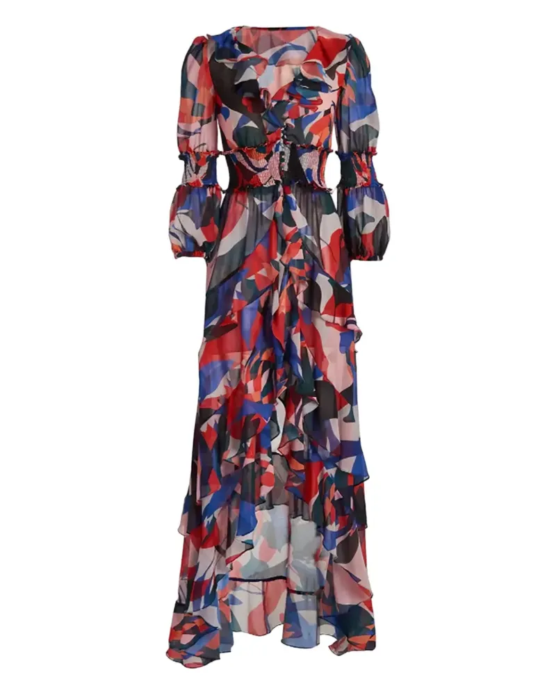 Pat Bo ruffled-printed asymetric dress - Blau Blau
