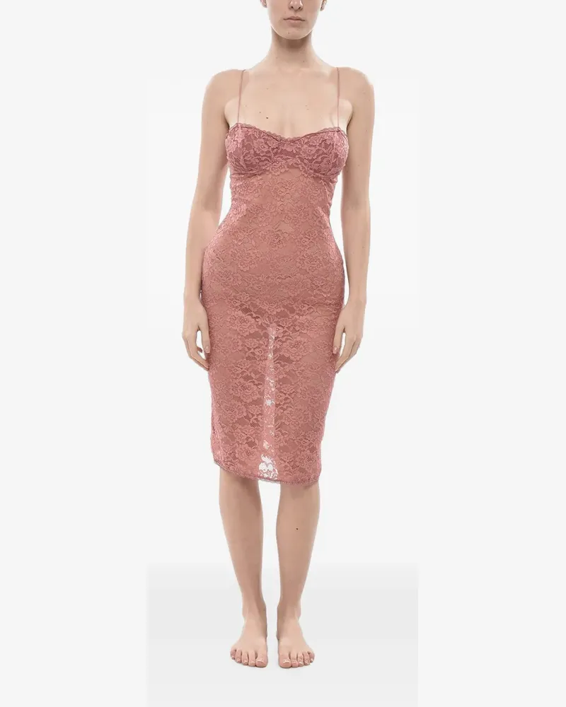 Oséree Schmales Midikleid mit Spitzen-Overlay - Rosa Rosa